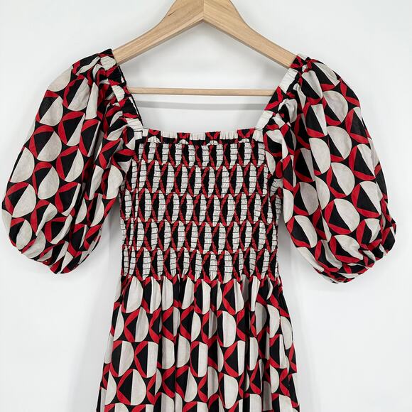 Cynthia Rowley Caprice Midi Dress Off The Shoulder Puff Sleeve Smocked Geometric - Picture 8 of 15